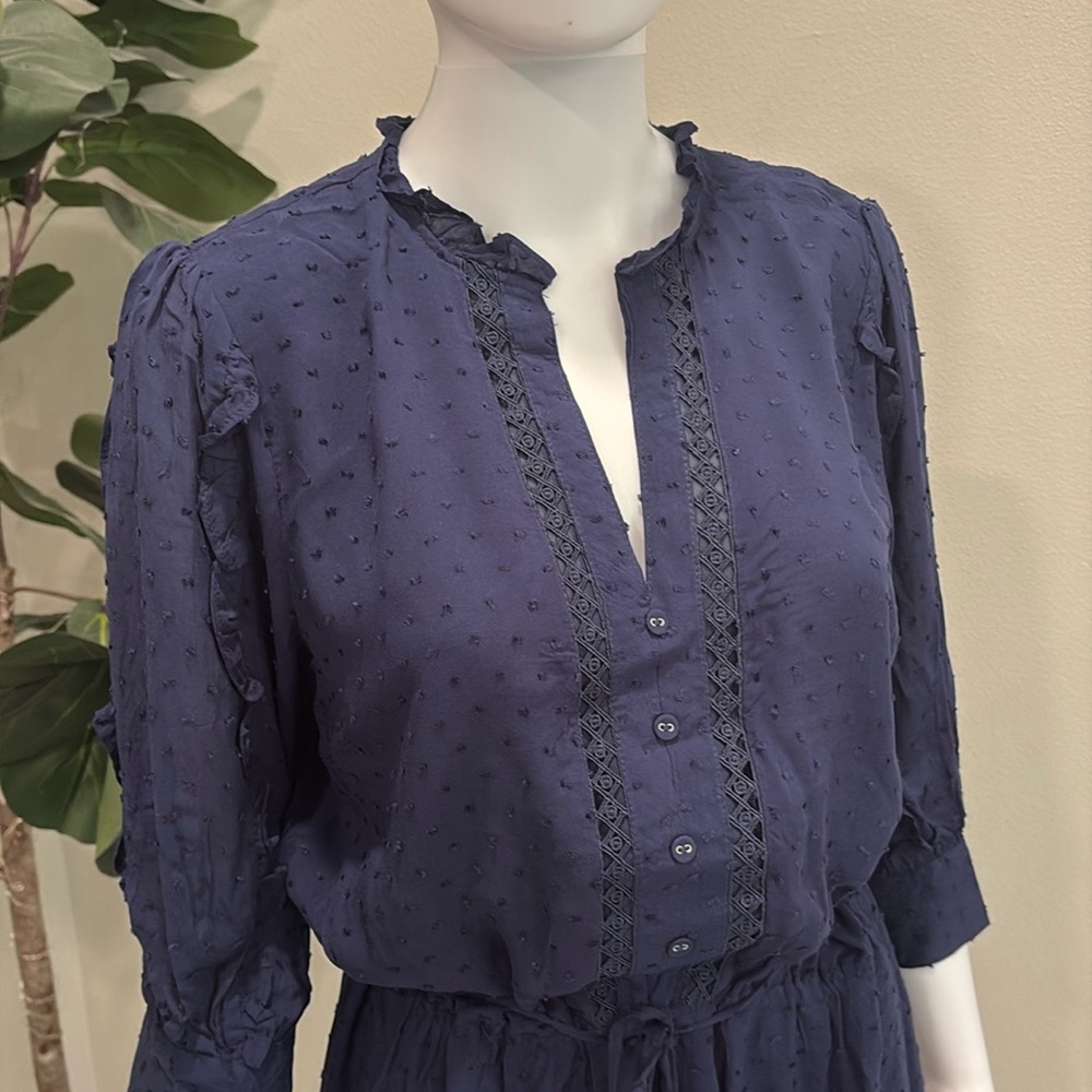 NWT ASOS Swiss Dot Ruffle Skater Dress Size 12 Oasis Navy Tie Waist Button Front - Picture 4 of 13
